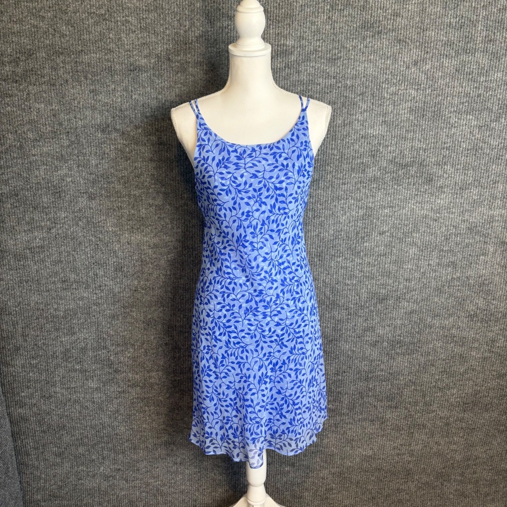 Vintage Alyn Paige Blue Floral Leaf Print Slip Dress Vintage Mini V-Back Sz 3/4